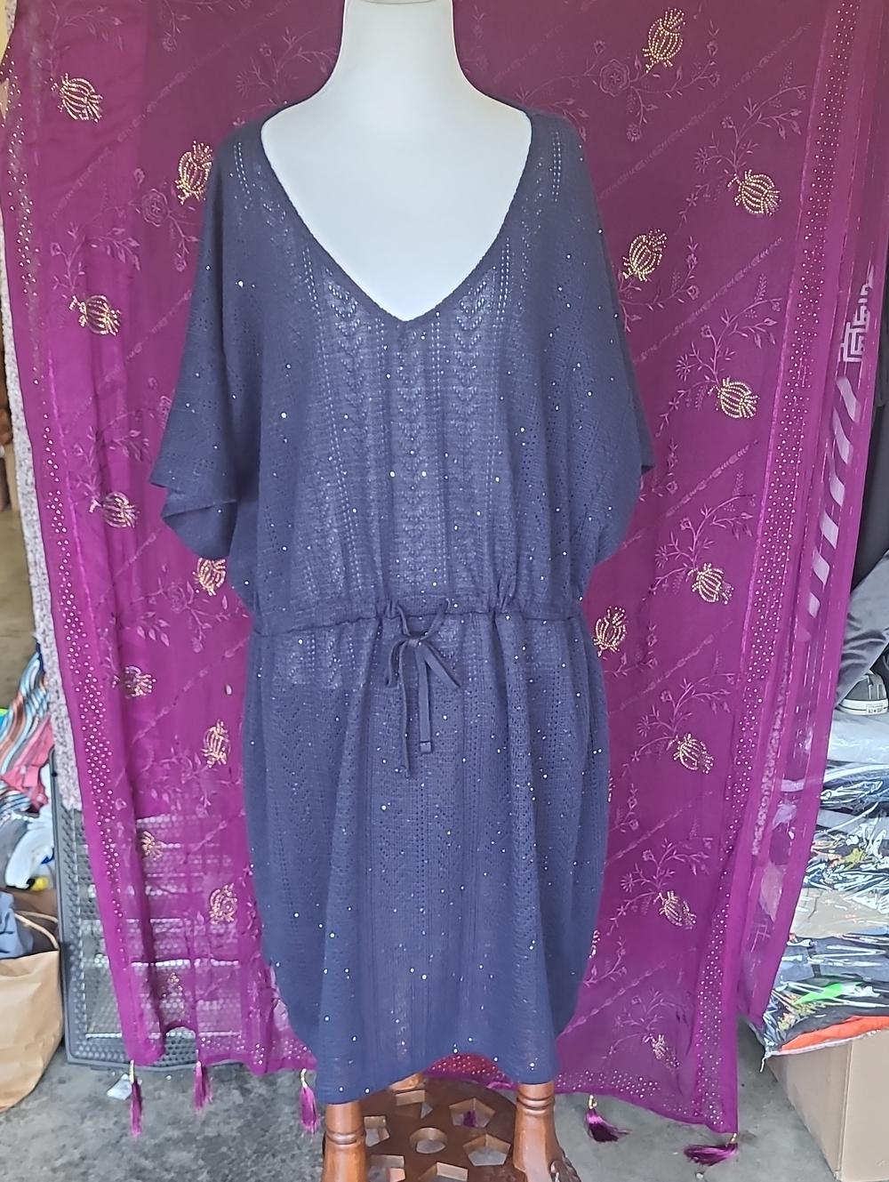 Susan Graver Navy Swim Cover-Up with Drawstring